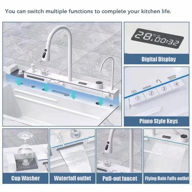 Weißes Küchenspülenset aus Edelstahl mit Wasserfall-Design – Großes Einzelspülbecken mit Wasserhahn mit Digitalanzeige, Seifenspender und Tassenspüler