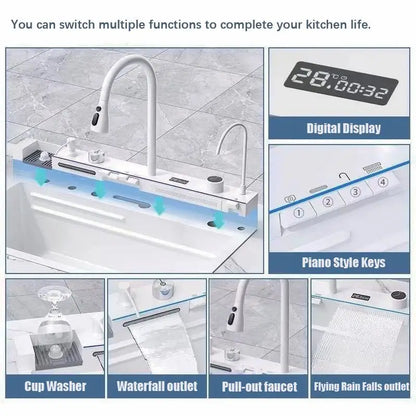 White Stainless Steel Waterfall Kitchen Sink Set – Large Single Slot with Digital Display Faucet, Soap Dispenser, and Cup Washer