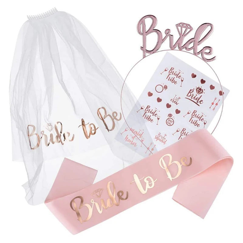 Bridal Shower Set: Bride-to-Be Veil, Satin Sash, Hairband, and Tattoo Stickers – Complete Bachelorette Party Decorations