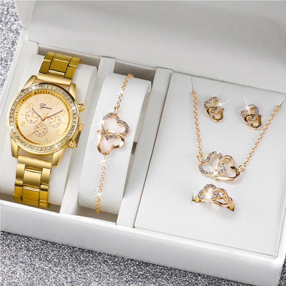 6-Piece Women's Watch Set: Fashionable Rhinestone-Embellished Quartz Watches with Stainless Steel Bands and Double Heart Design (Jewelry Set, No Box Included)