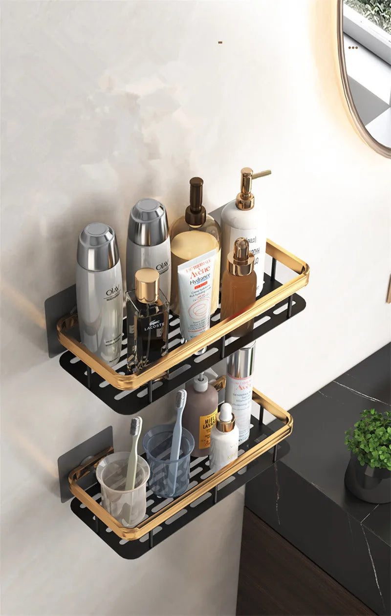 Corner Bathroom Shelf – Brushed Gold & Black Aluminum Wall-Mounted Storage Organizer for Bath and Shower