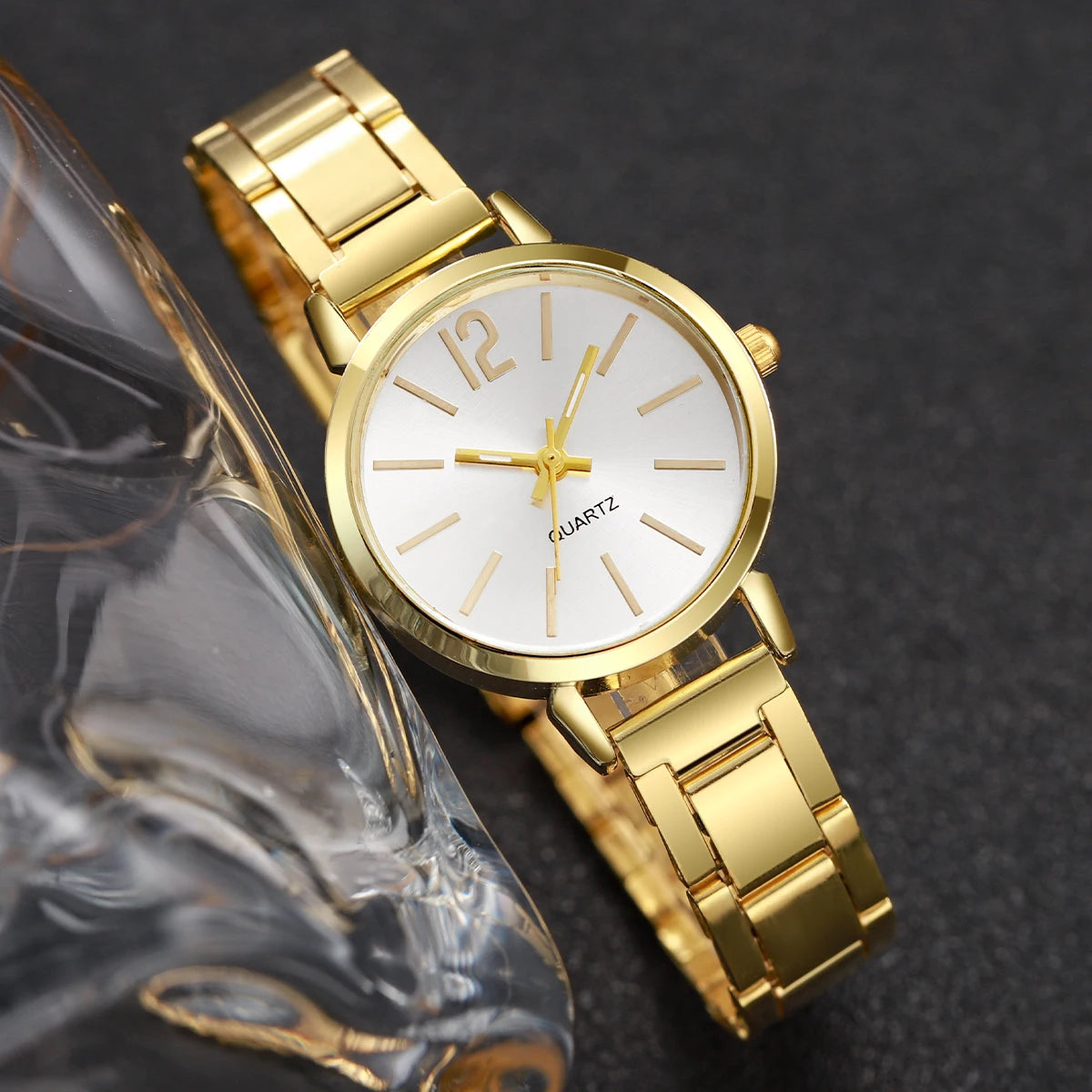 2PCS Women's Gold Steel Band Quartz Watch & Opening Cuff Bracelet Set - Elegant Fashion