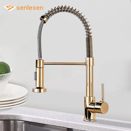 Golden Kitchen Spring Faucet - Brass Deck Mount with 360-Degree Rotate Stream & Sprayer Nozzle, Hot and Cold Mixer Vanity Sink Tap