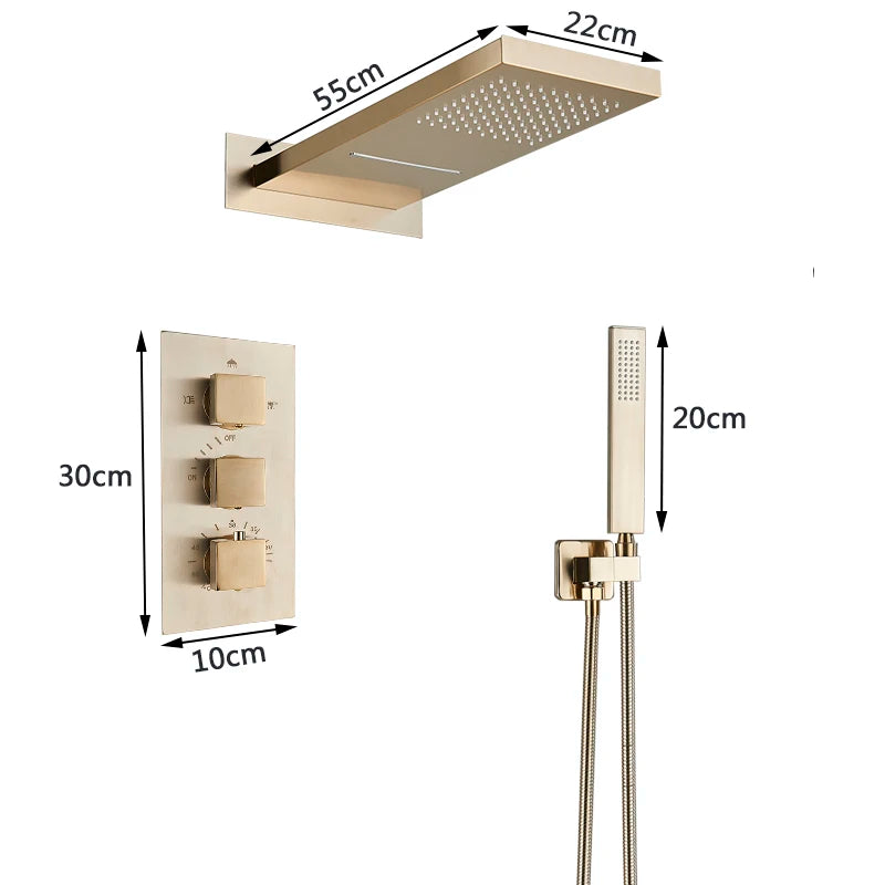 Brushed Golden Thermostatic Shower Faucet Set - Concealed Rainfall & Waterfall Shower System with Triple Handle Control