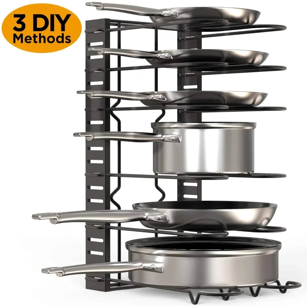 Adjustable 5/8-Tier Heavy Duty Metal Pot and Pan Organizer Rack – 3 DIY Setup Options for Kitchen Storage