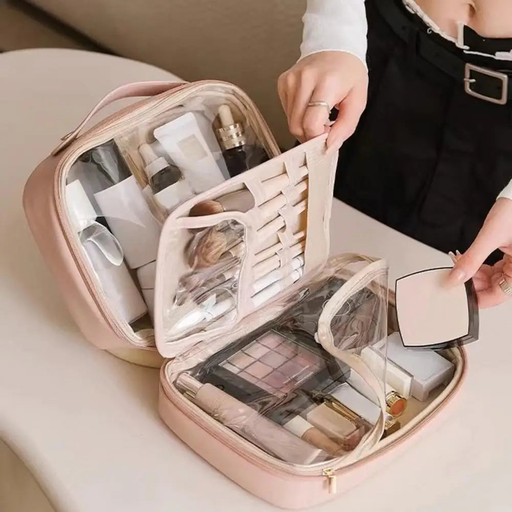 Elegant Faux Leather Cosmetic Organizer with Multiple Compartments – Spacious Storage Solution for Business and Travel