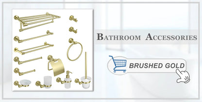 Brushed Gold Bathroom Wall-Mount Shelf & Accessory Set: Includes Toilet Paper Holder, Towel Bar, Rack, Rod, and Robe Hook