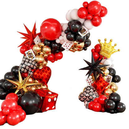 Las Vegas Casino Party Balloon Set: Red, Black, and Gold Garland Arch with Starburst Foil and Dice Balloons