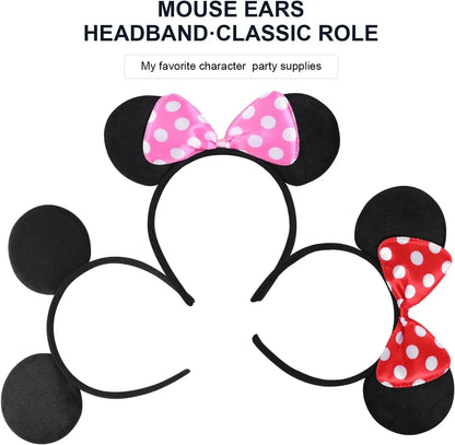 12-Piece Mickey & Minnie Mouse Ear Headband Set - Black with Red and Pink Disney Bow - Perfect for Birthday Parties and Gifts