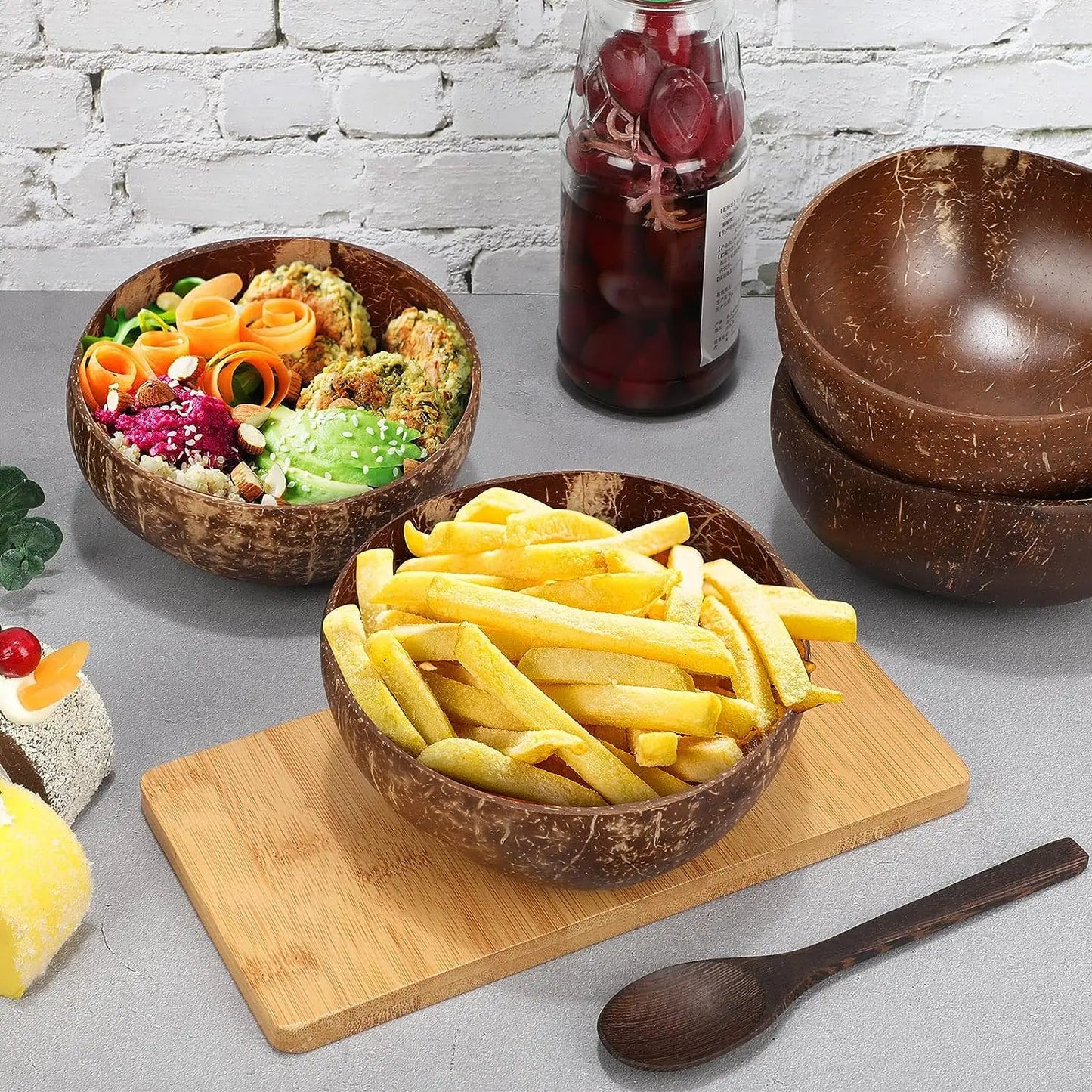 Coconut Bowls - Reusable Wooden Salad Bowls, Natural Coconut Shell Serving Utensils for Breakfast and Parties