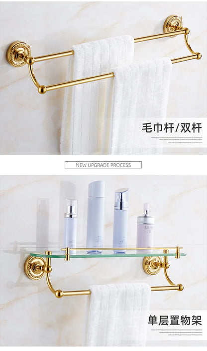 Solid Brass Bathroom Hardware Set - Gold Polished Toothbrush Holder, Paper Holder, Towel Bar, and Towel Rack