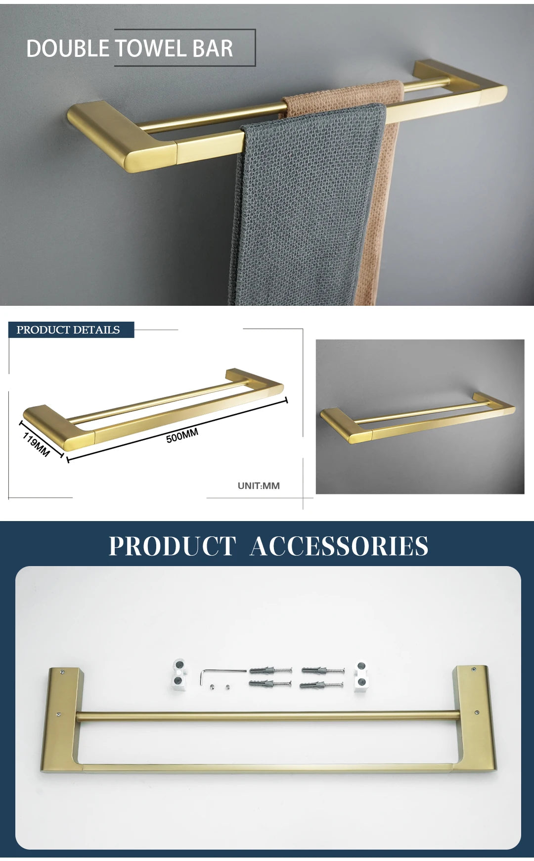 Brushed Gold Bathroom Accessory Set: Towel Bar, Toilet Paper Holder, Towel Rack, Hook, Toilet Brush, and Soap Dispenser