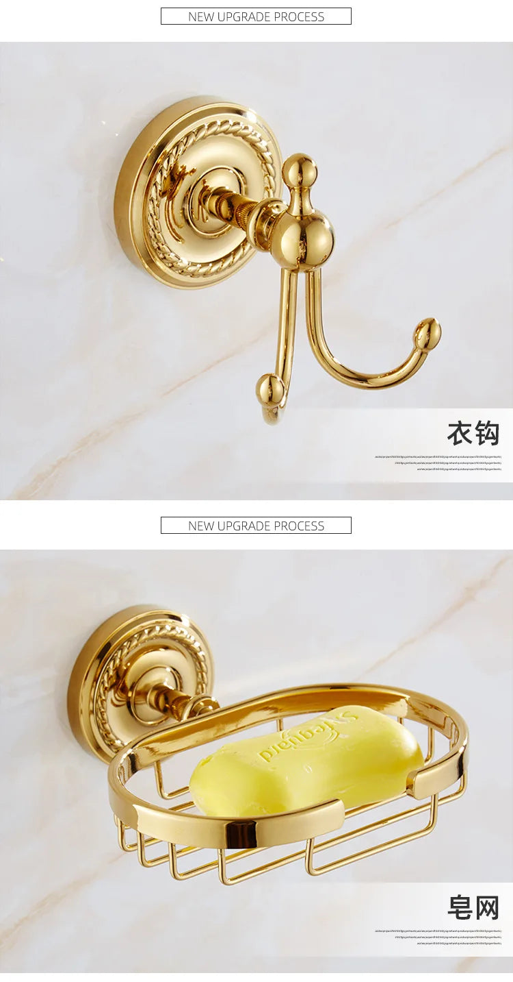 Solid Brass Bathroom Hardware Set - Gold Polished Toothbrush Holder, Paper Holder, Towel Bar, and Towel Rack