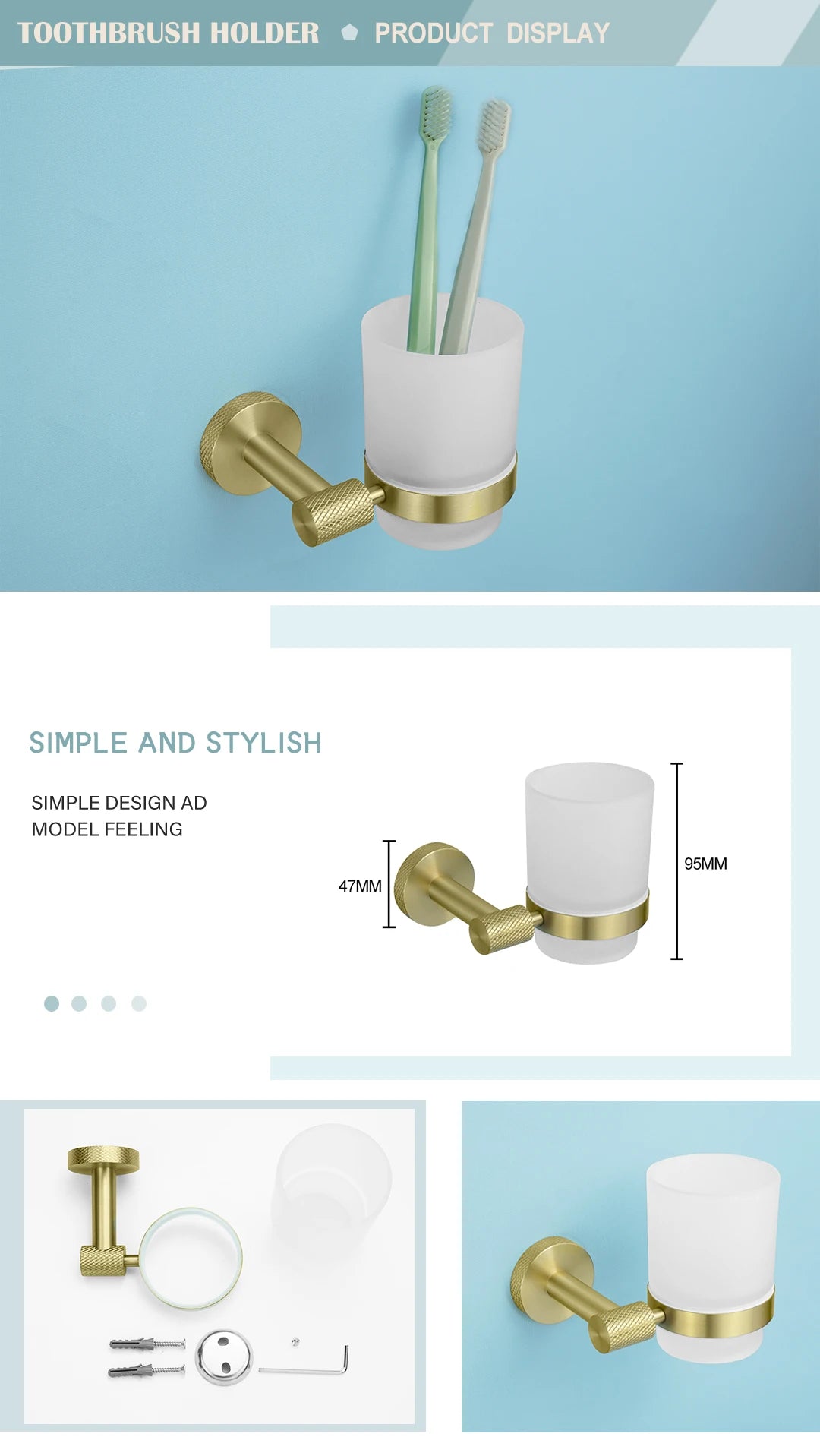 Brushed Gold Bathroom Hardware Kit - Wall-Mounted Hand Towel Bar, Toilet Roll Holder, Robe Hook, and Cup Hanger