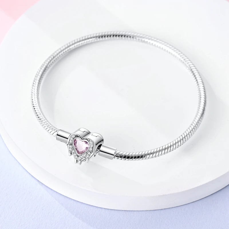 Schlangenkettenarmband aus 925er Sterlingsilber mit herzförmigem Zirkoniaverschluss – Kompatibel mit Pandora-Charms – Modisches DIY-Schmuckgeschenk