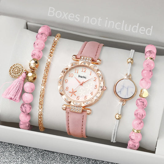 5PCS Floral Fashion Women's Quartz Watch & Beaded Bracelet Set - Leather Band