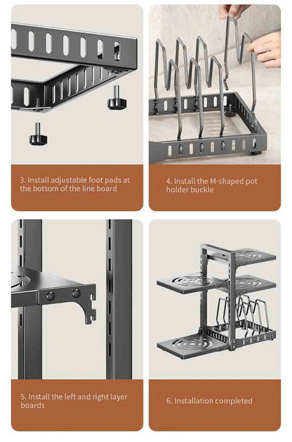 Adjustable Stainless Steel Pot Rack – Rustproof Layered Organizer for Kitchen Pans, Snap-On Design for Under Cabinet Storage