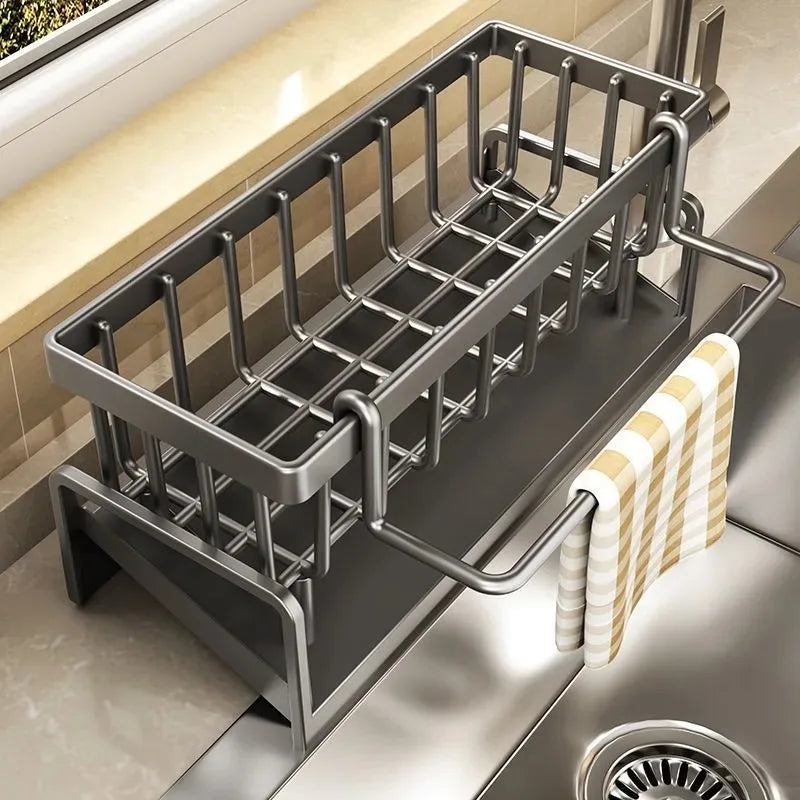 Self-Draining Kitchen Sink Organizer - ABS Plastic Rack with Soap Holder, Sponge Caddy, and Dishcloth Towel Shelf