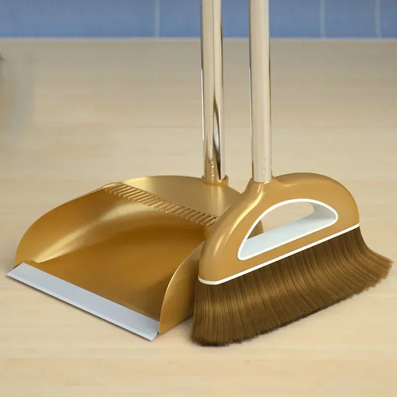 High-Quality Cleaning Set - Durable Broom, Dustpan, and Floor Wiper in Gold