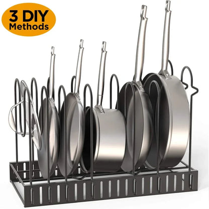 Adjustable 5/8-Tier Heavy Duty Metal Pot and Pan Organizer Rack – 3 DIY Setup Options for Kitchen Storage