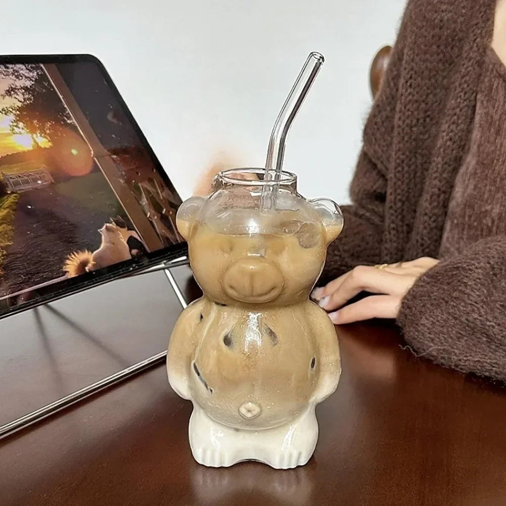 320ml Cute Bear Transparent Coffee Mug with Straw – Versatile Drinkware for Coffee, Milk, Beer, and More