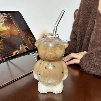 320ml Cute Bear Transparent Coffee Mug with Straw – Versatile Drinkware for Coffee, Milk, Beer, and More