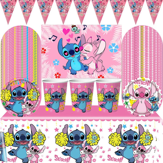 Pink Lilo & Stitch Angel-Themed Disposable Tableware Set – Paper Cups, Plates, and More for Girls' Birthday Parties and Baby Showers