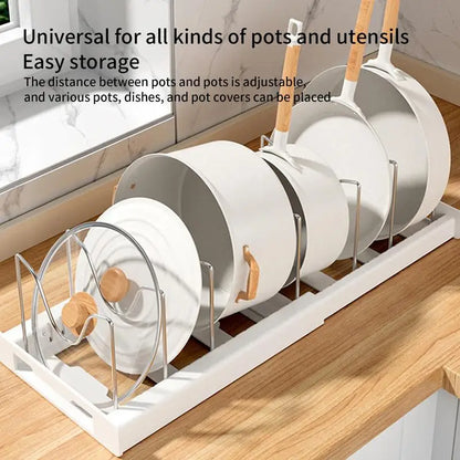 Adjustable 7-Compartment Pan and Pot Organizer Rack – Expandable Bronze Storage Solution for Baking and Frying Pans