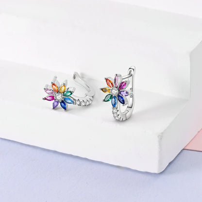 Sterling Silver 925 Hope Rainbow Flower Earrings – Colorful Zircon Star and Koi Design – Fashion Jewelry for Women