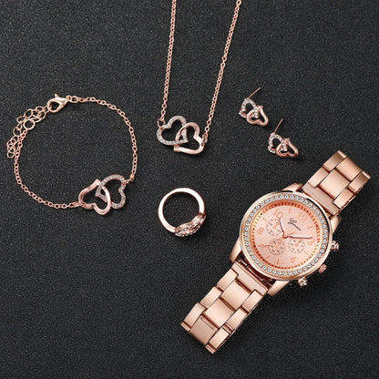 6-Piece Women's Watch Set: Fashionable Rhinestone-Embellished Quartz Watches with Stainless Steel Bands and Double Heart Design (Jewelry Set, No Box Included)