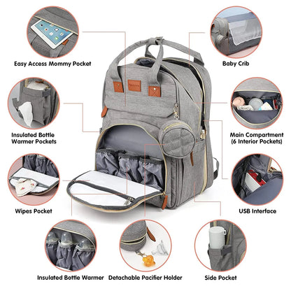 3-in-1 Diaper Bag Backpack with Foldable Baby Bed & USB Charging - Waterproof Travel Bag with Changing Pad